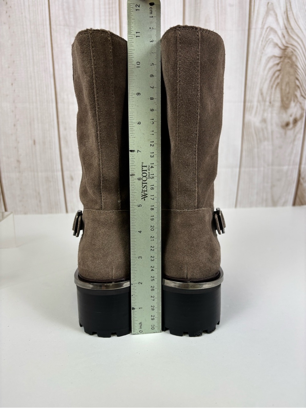 Vince Camuto Keshilla Suede Leather Chain Moto Chunky Boots Taupe Size 8.5 - Picture 14 of 14